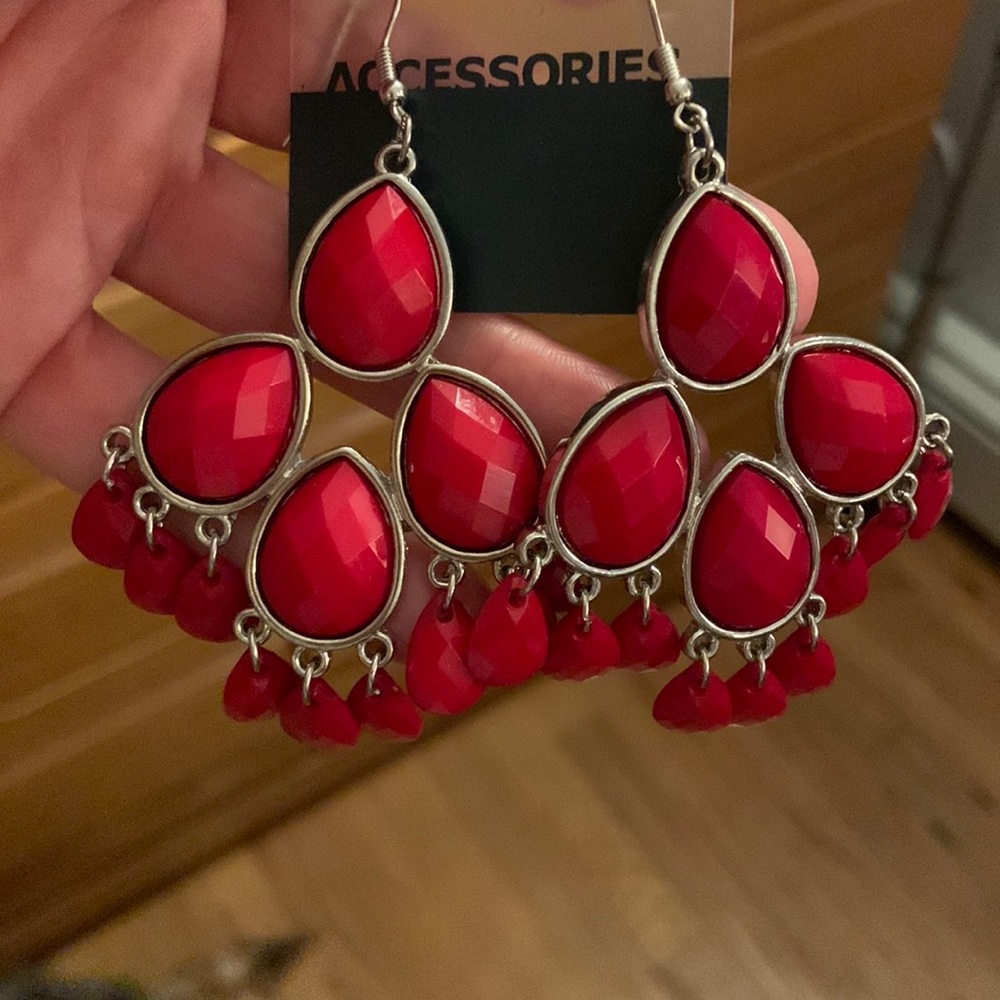 Red chandelier style earrings with ear wire.